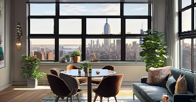 A stylish short-term rental apartment showcasing a view of the NYC skyline through large windows, with modern furniture and warm lighting.