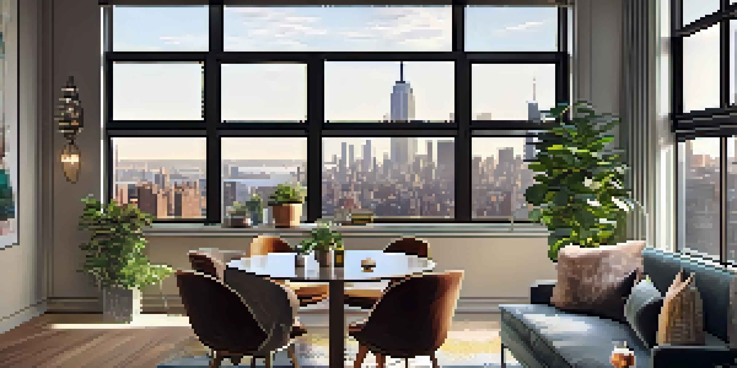A stylish short-term rental apartment showcasing a view of the NYC skyline through large windows, with modern furniture and warm lighting.