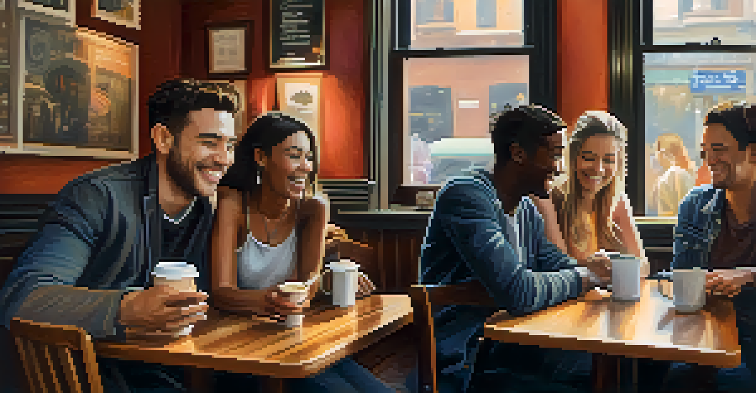 A cozy coffee shop in NYC with friends laughing and using phones, surrounded by warm lighting and wooden furniture.