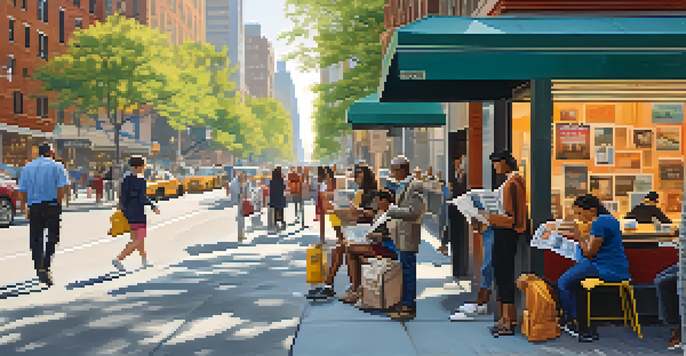 A busy street in New York City with people reading newspapers and using mobile devices among colorful storefronts and tall buildings under warm sunlight.
