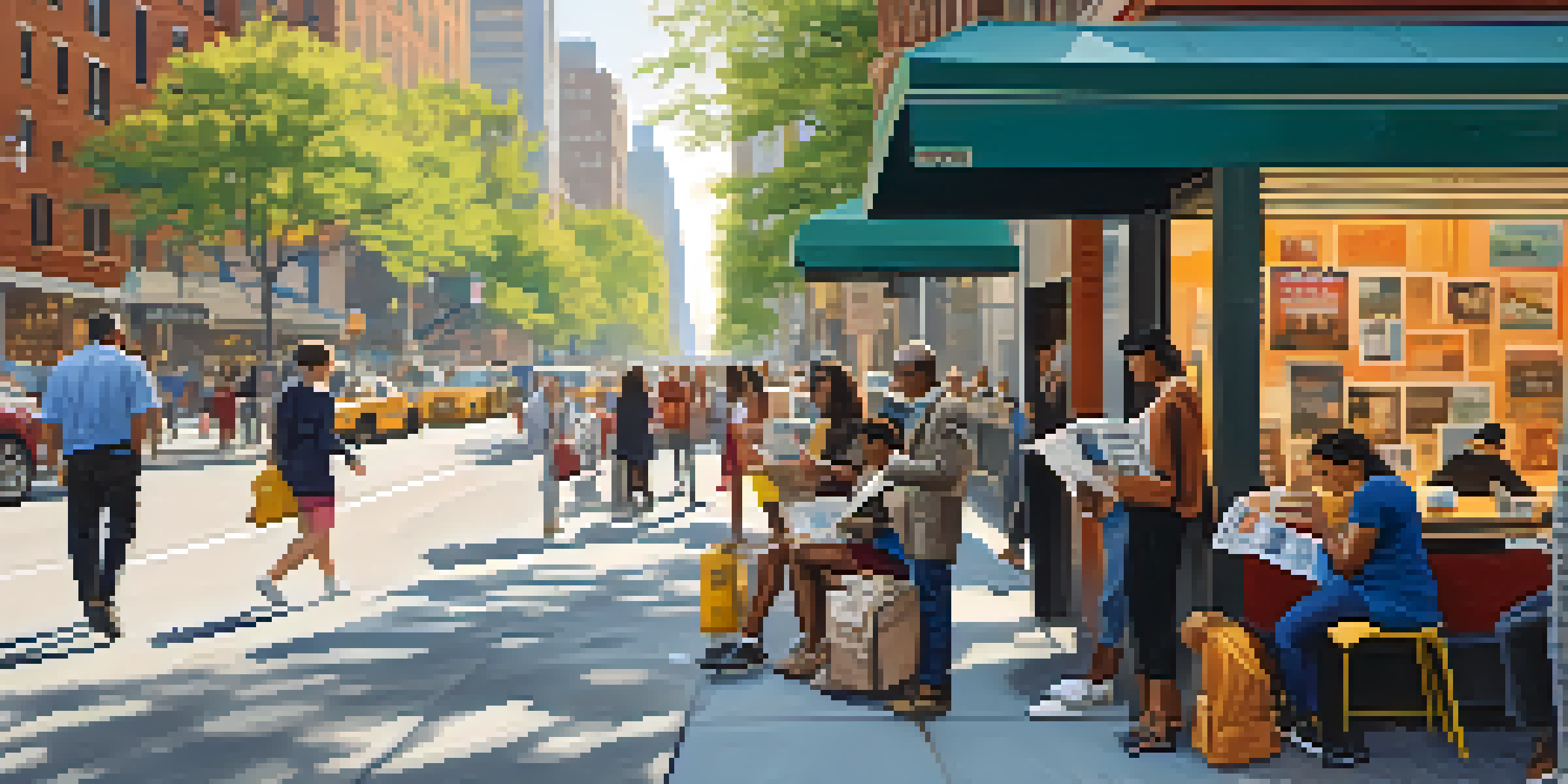 A busy street in New York City with people reading newspapers and using mobile devices among colorful storefronts and tall buildings under warm sunlight.