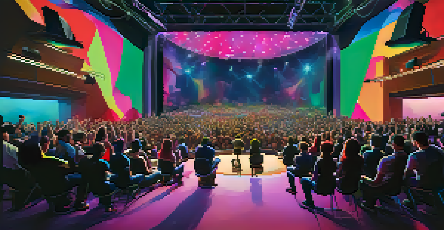 A theater audience experiencing a virtual reality performance, with colorful lighting and various audience members wearing VR headsets.