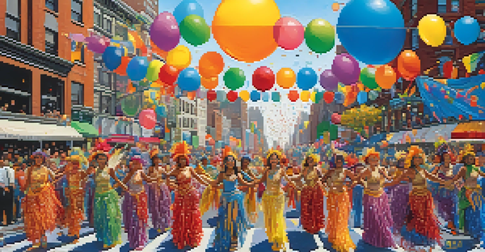 A lively parade in New York City featuring dancers in colorful costumes and vibrant floats, with a crowd enjoying the festivities.