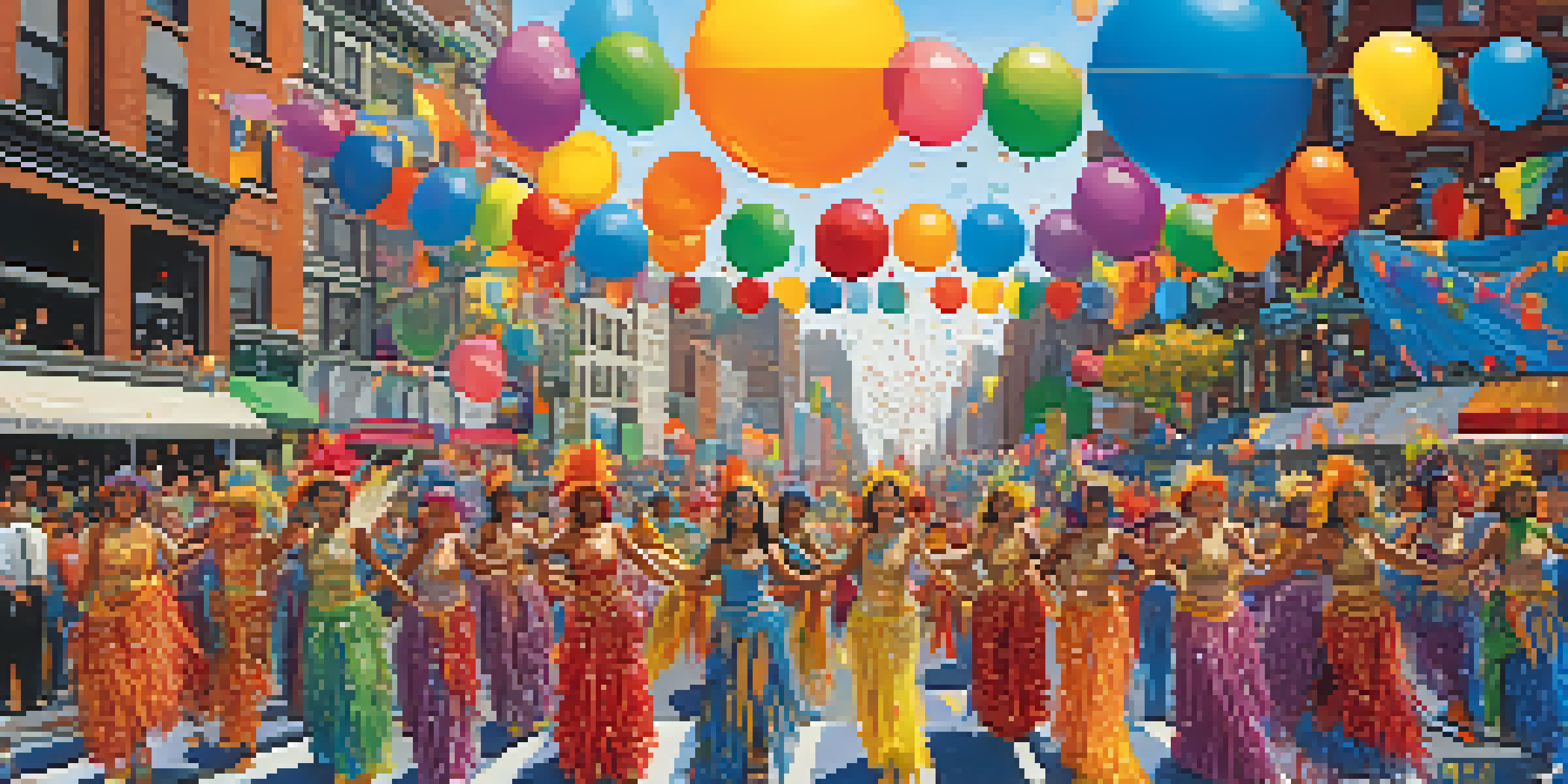 A lively parade in New York City featuring dancers in colorful costumes and vibrant floats, with a crowd enjoying the festivities.