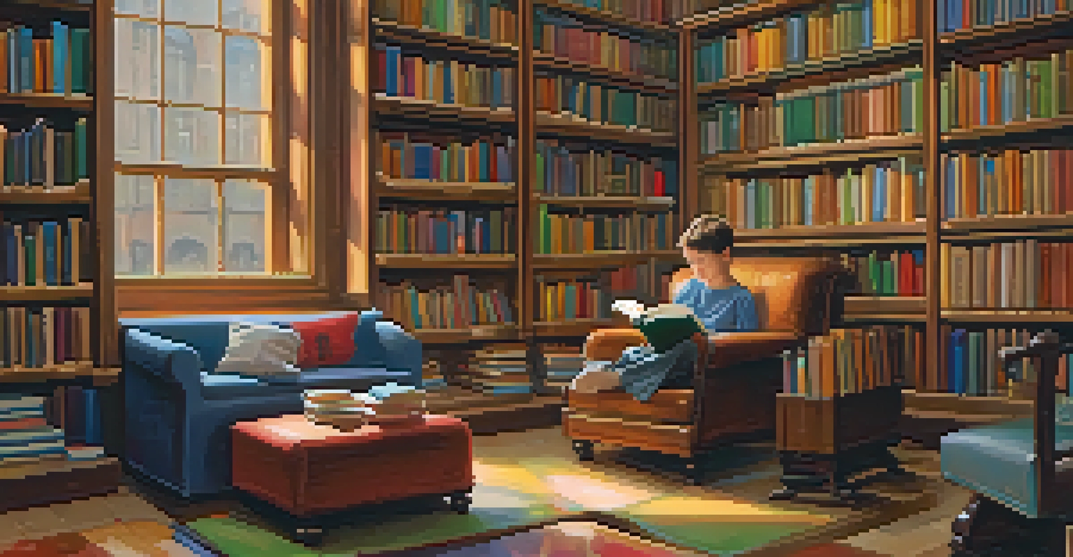 A cozy reading nook in a New York City public library, featuring a child reading surrounded by colorful books and warm lighting.