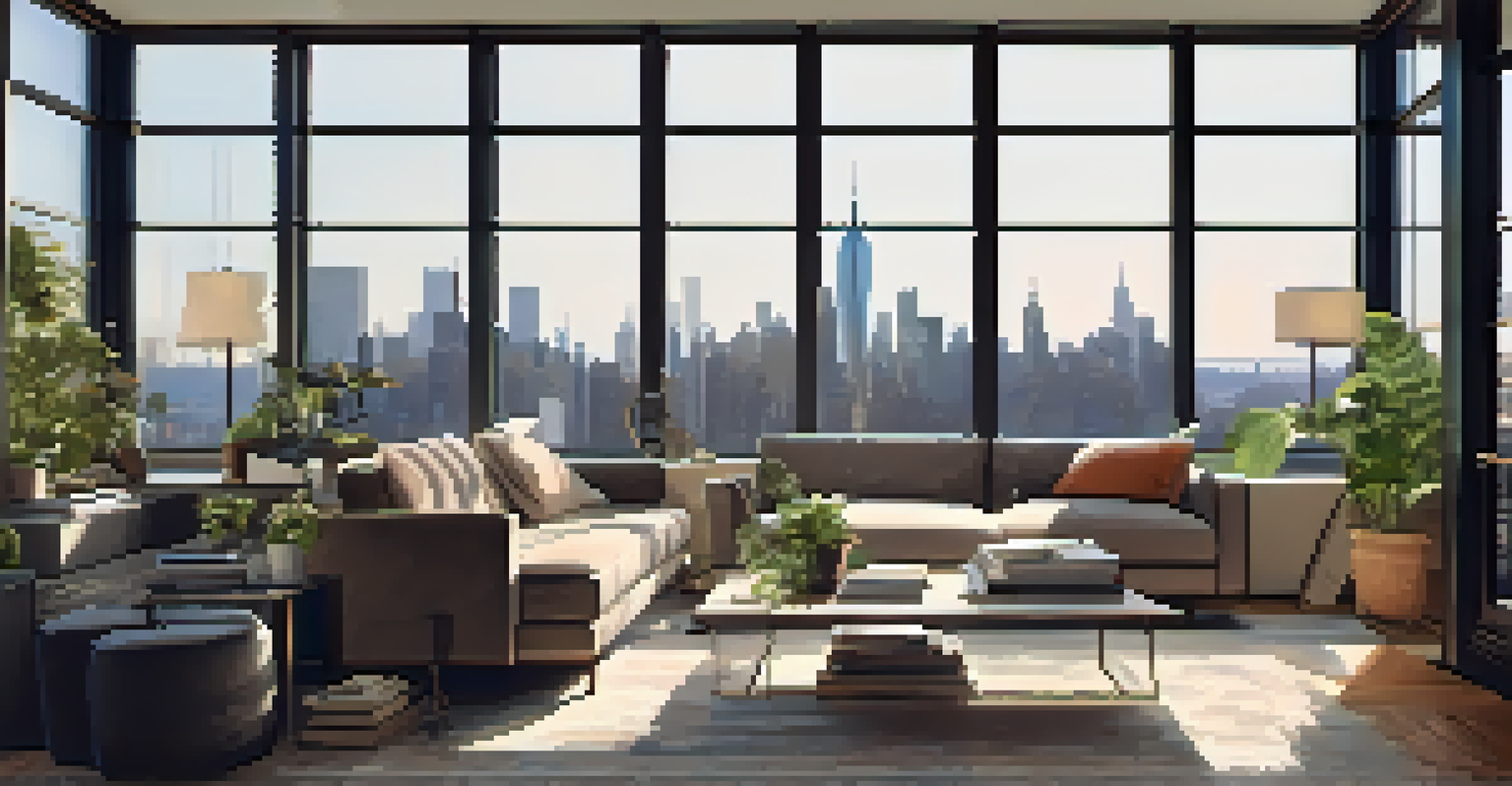 Cozy Manhattan apartment interior with large windows, modern furniture, and plants, bathed in natural light.