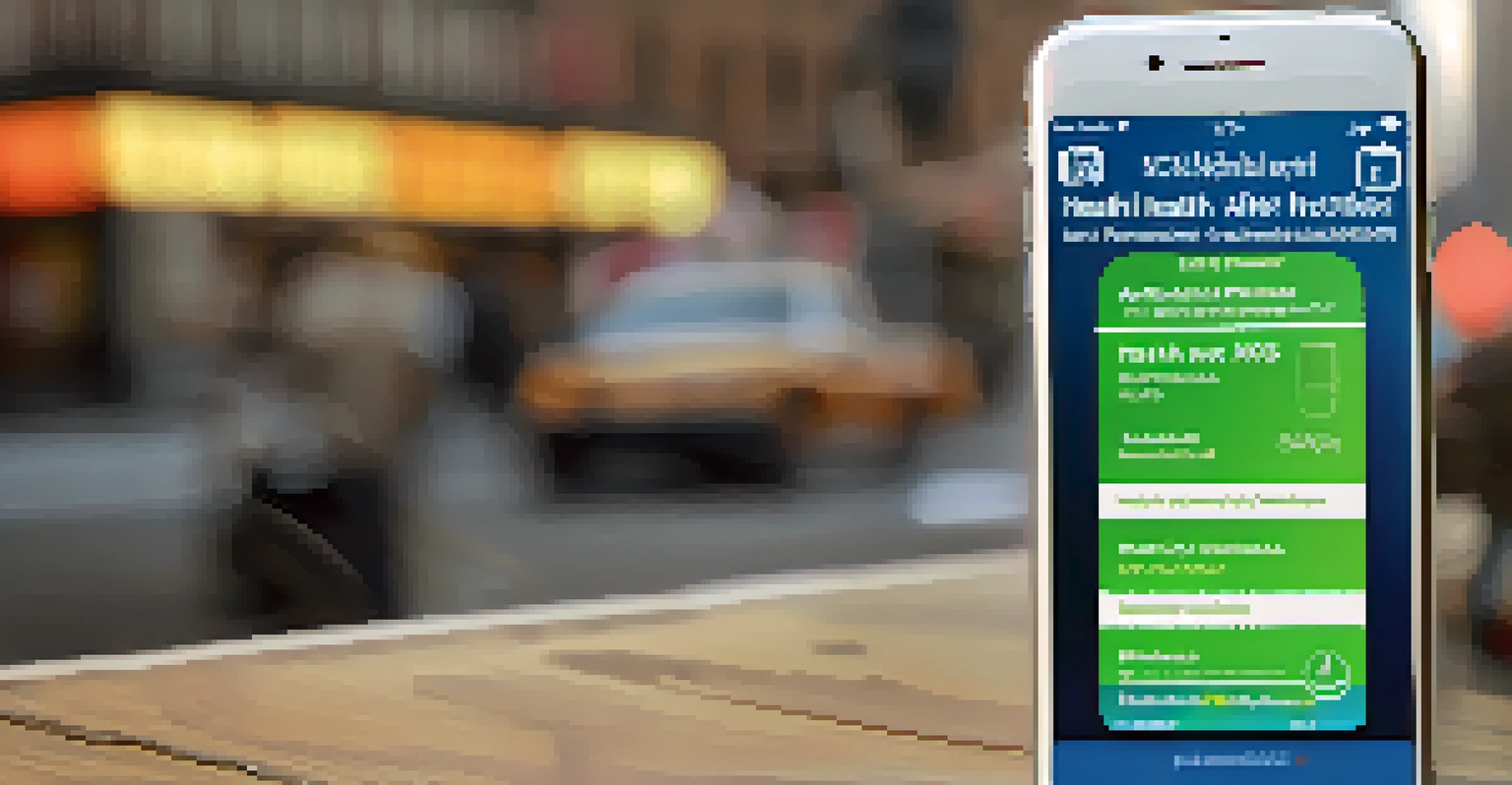 A close-up of a smartphone showing a public health alert notification with a blurred NYC street in the background.