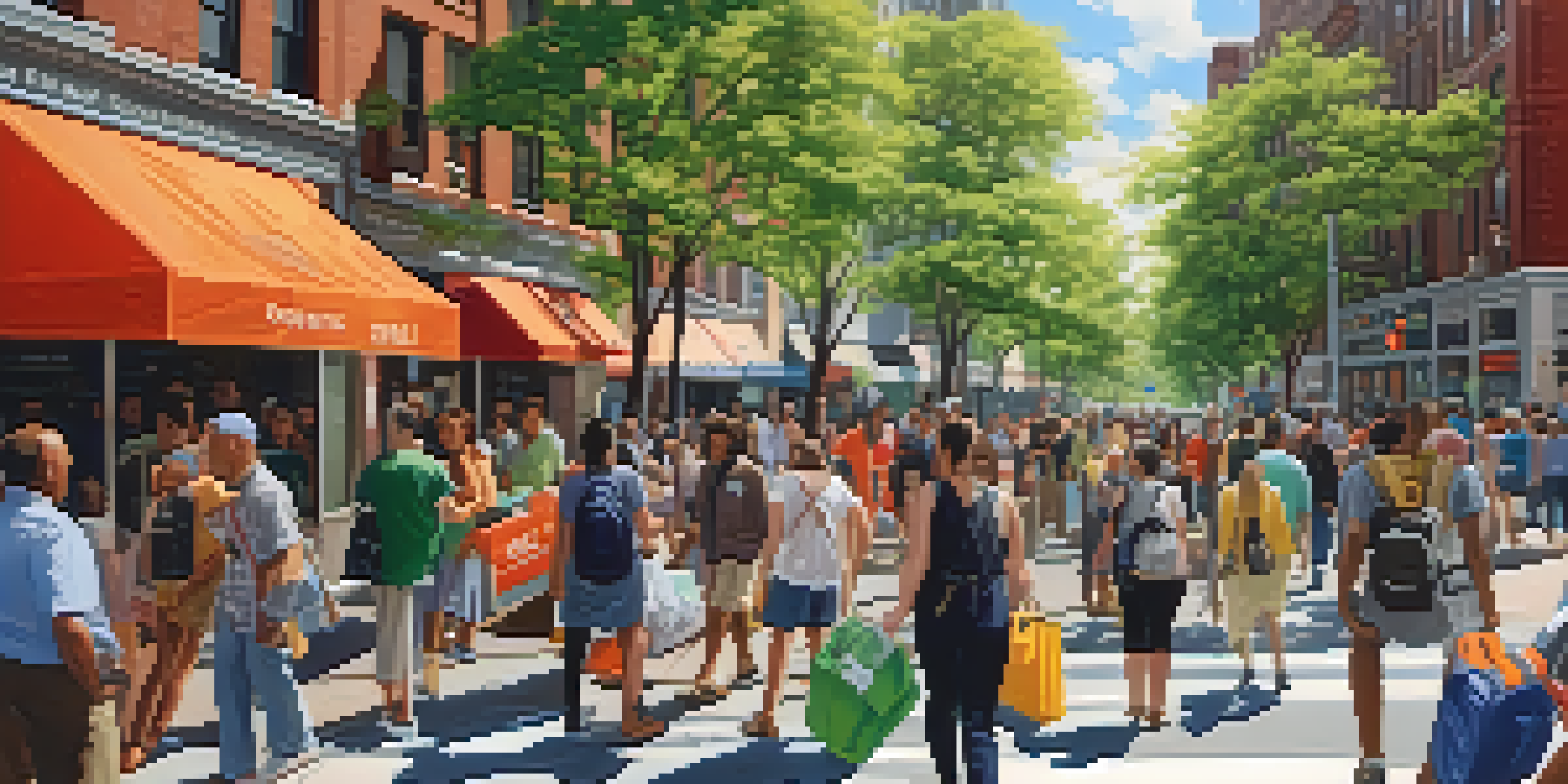A lively New York City street with people carrying emergency kits and trees lining the sidewalks under a bright blue sky.