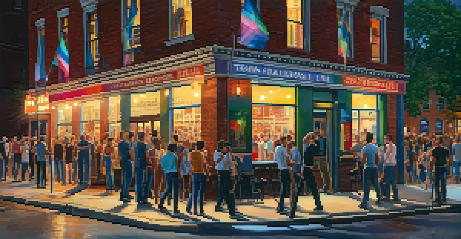 The Stonewall Inn illuminated at dusk, with rainbow flags and a gathering of people outside, symbolizing community and history.