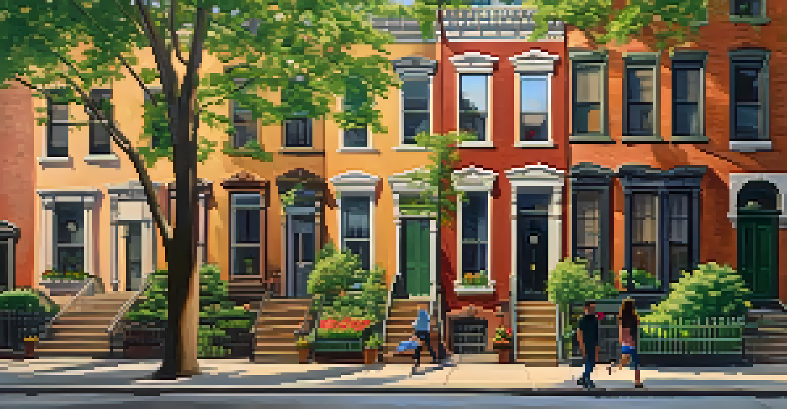 A restored historic neighborhood in New York City with brownstone buildings, flower boxes, and lush gardens during golden hour.
