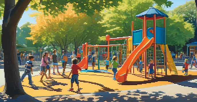 A colorful playground with children playing and parents talking in a sunny community park.