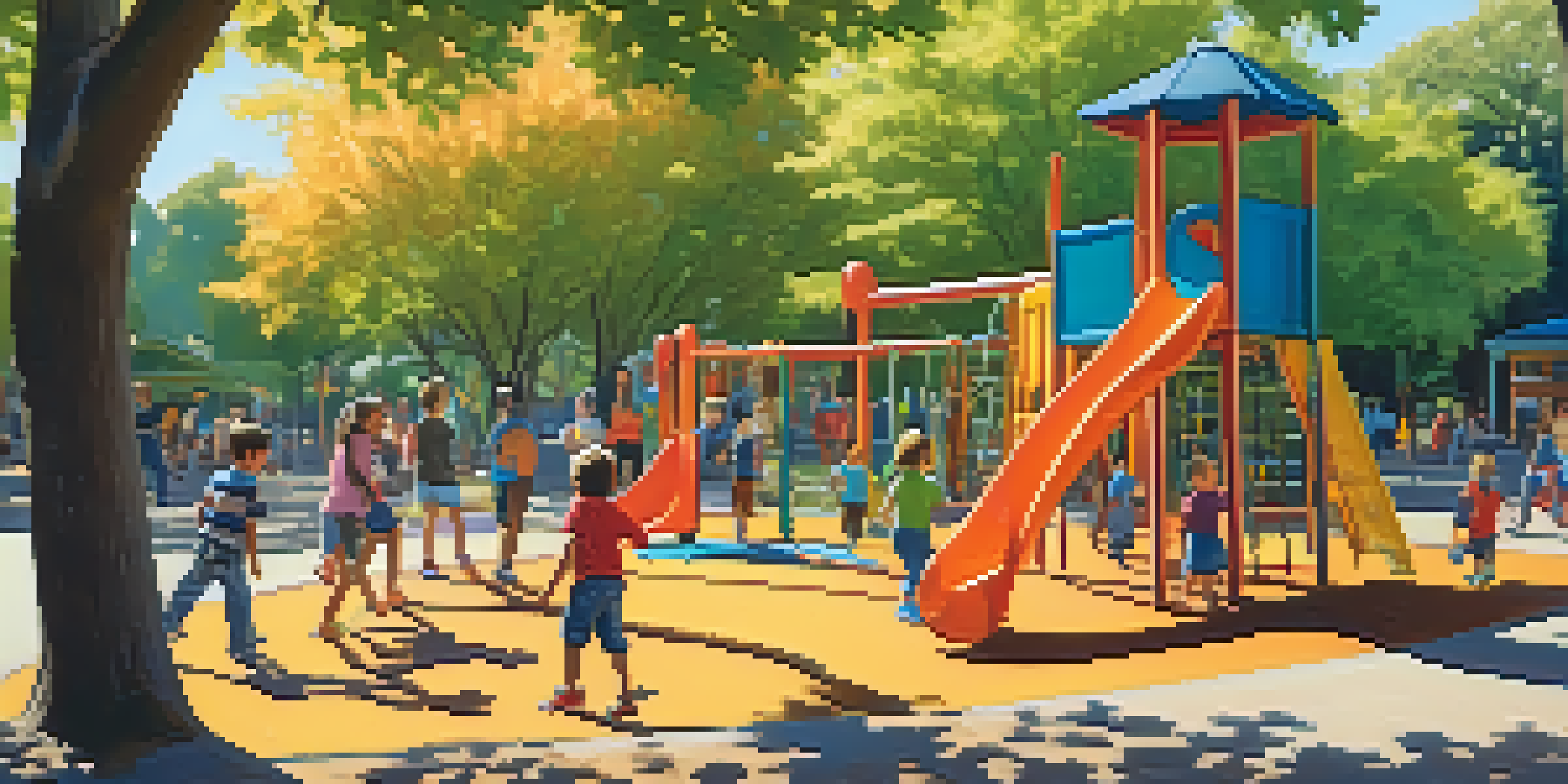A colorful playground with children playing and parents talking in a sunny community park.