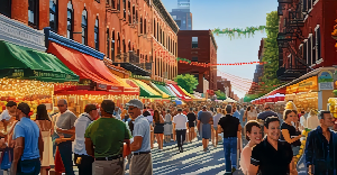 A lively street festival in Little Italy, NYC, with colorful decorations and crowds enjoying Italian food.
