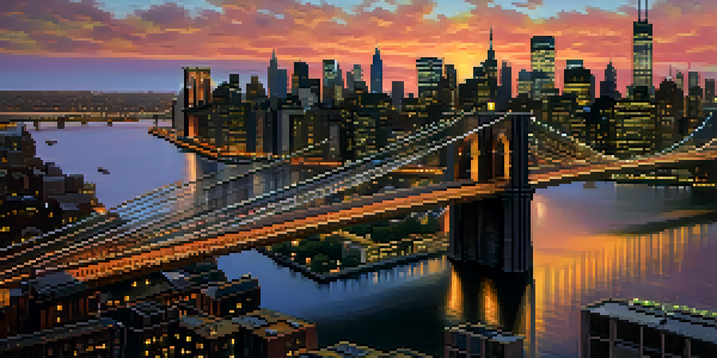 Aerial view of the Brooklyn Bridge at sunset, with vibrant sky colors and the East River reflecting the sunset.