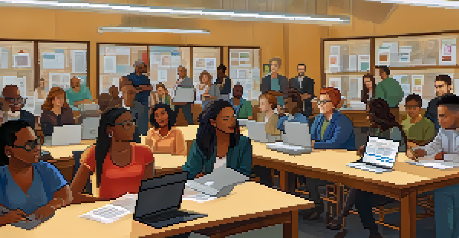 A close-up of a resume-building workshop at a library with diverse participants and a facilitator, surrounded by laptops and workshop materials.