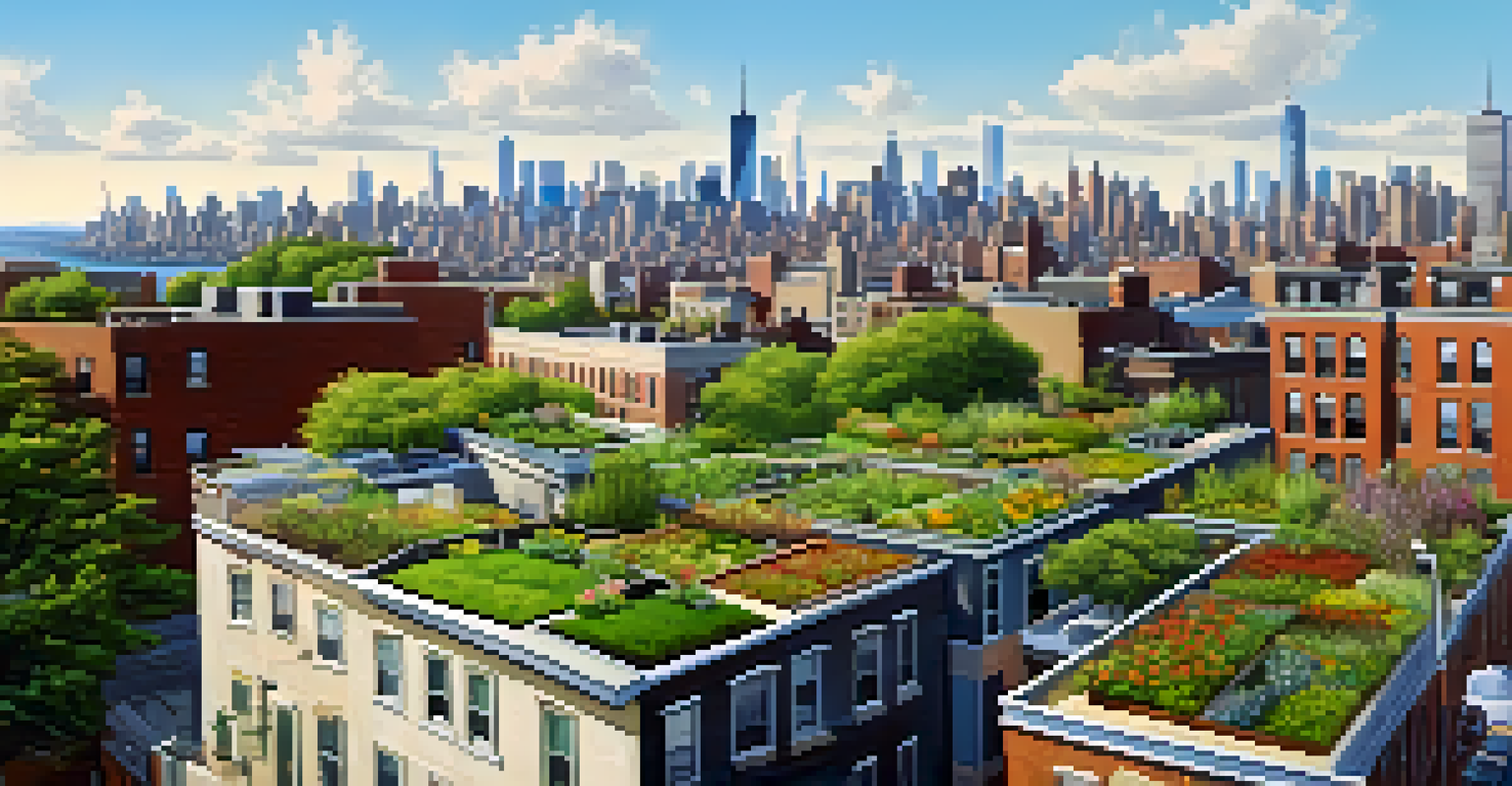 An aerial view of a neighborhood with green roofs and community gardens, with the New York City skyline in the background.