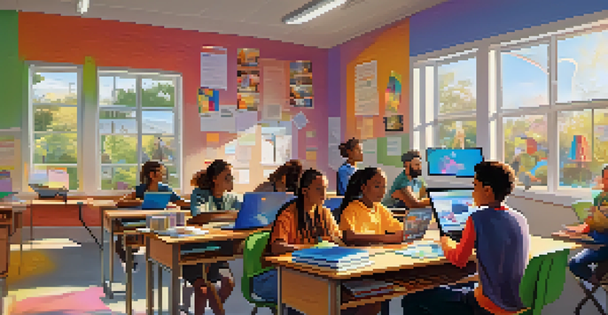 A diverse group of students in a bright classroom, engaged in remote learning with laptops and educational posters around.
