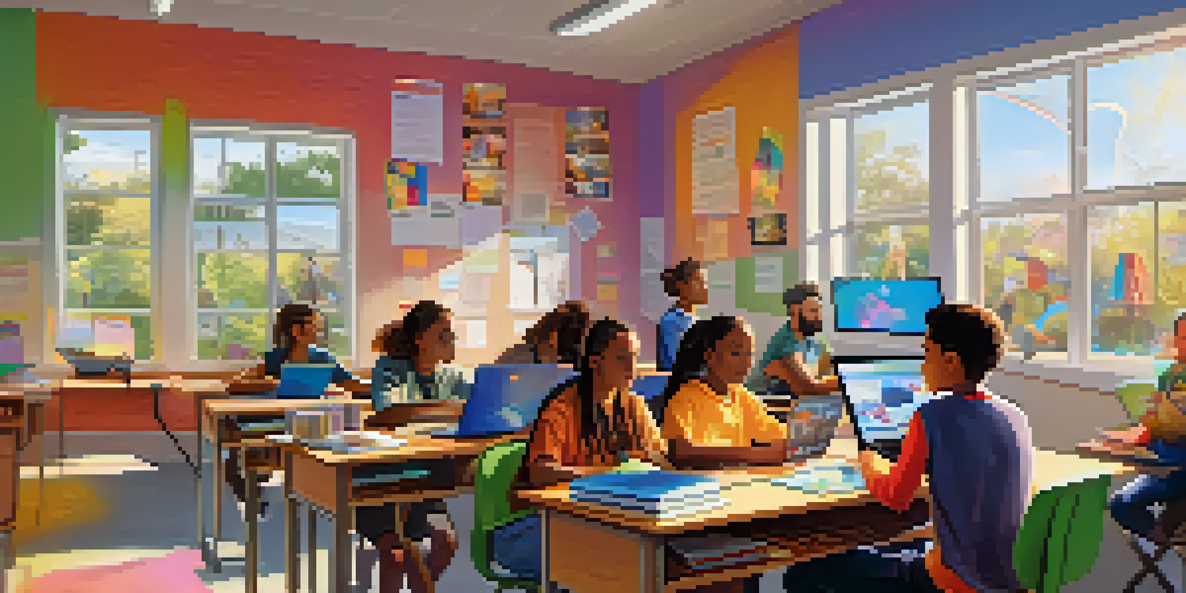 A diverse group of students in a bright classroom, engaged in remote learning with laptops and educational posters around.