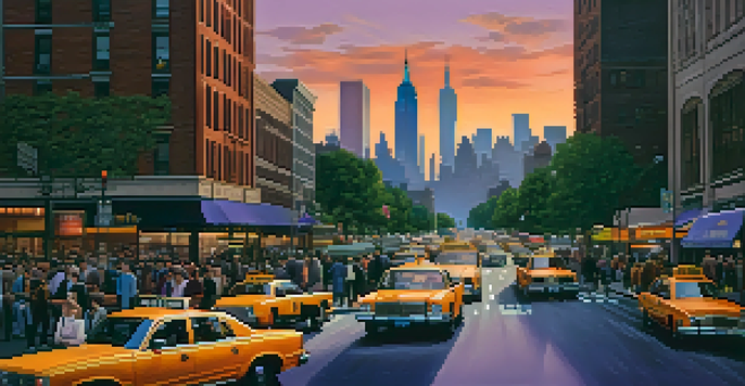 A vibrant sunset cityscape of New York City featuring skyscrapers and busy streets.