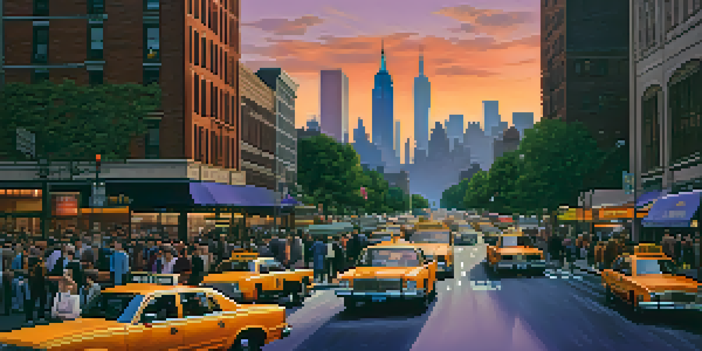 A vibrant sunset cityscape of New York City featuring skyscrapers and busy streets.