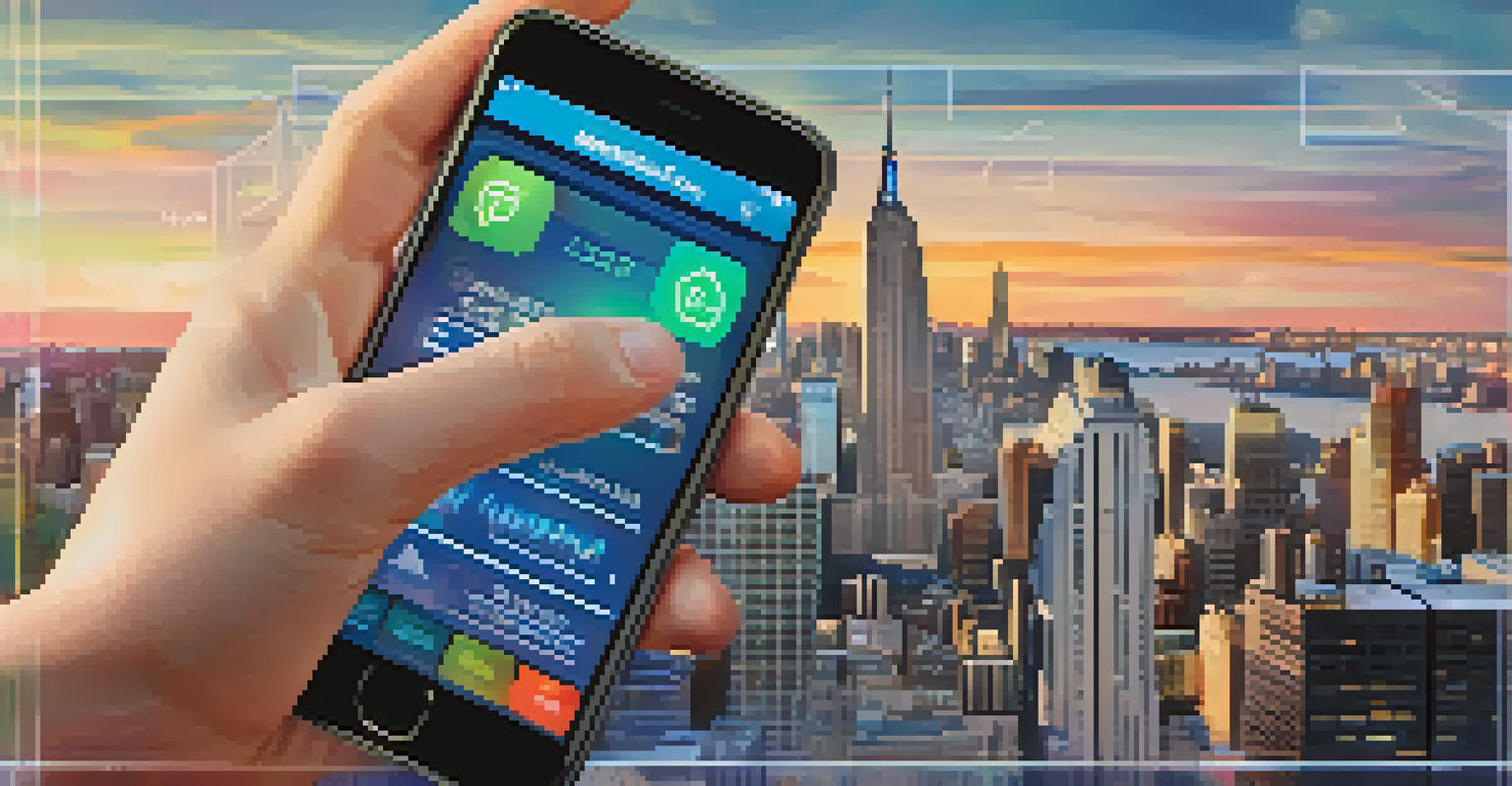 A close-up of a smartphone showing a mobile banking app, with a blurred New York City skyline in the background during sunset.