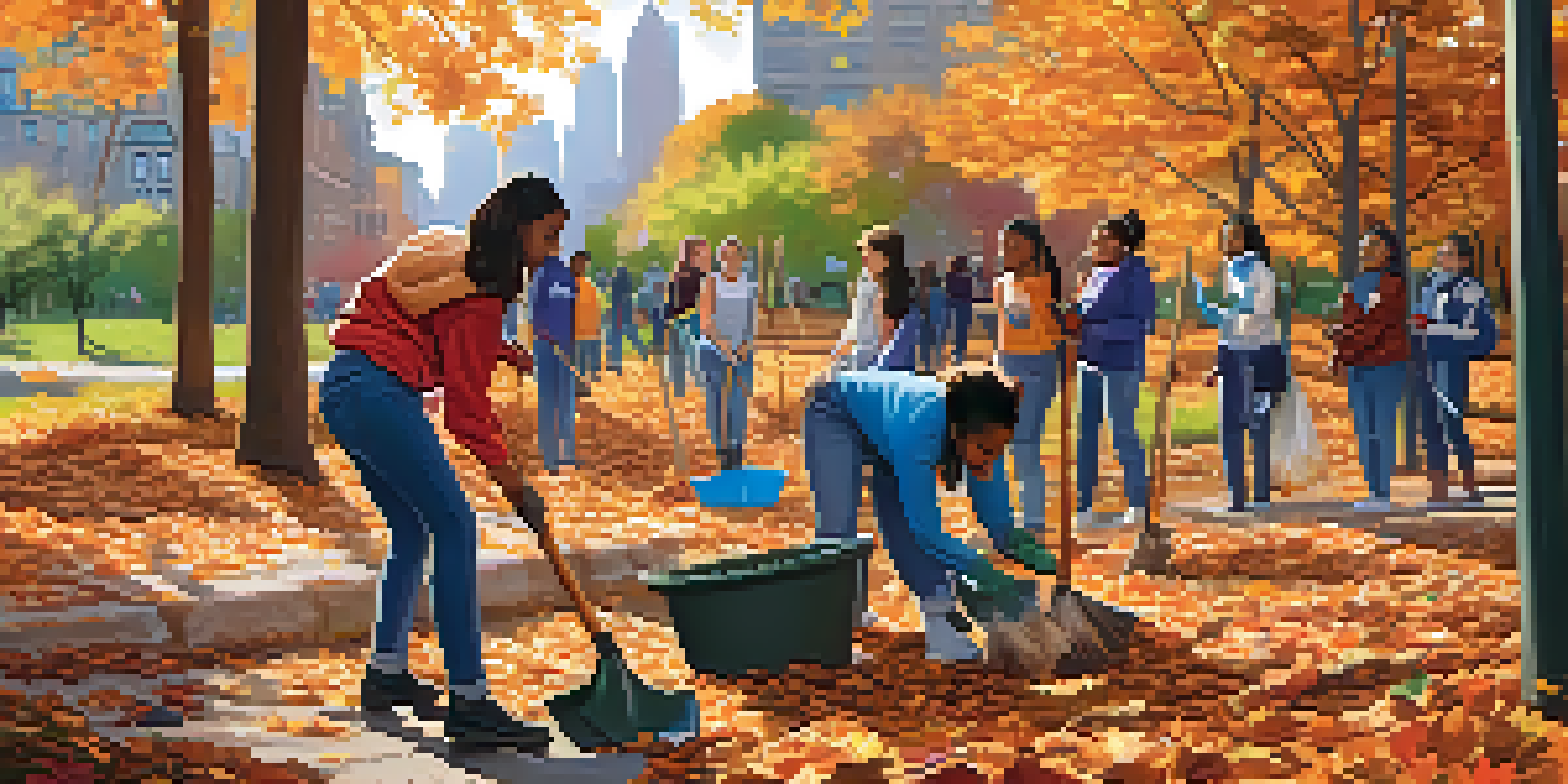 A group of diverse high school students participating in a community clean-up in a park, smiling and working together under the sun.