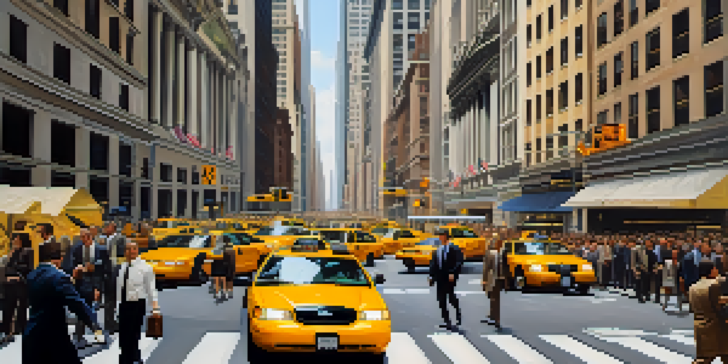 A busy Wall Street scene in New York City with people in business attire, yellow taxis, and towering skyscrapers under bright sunlight.