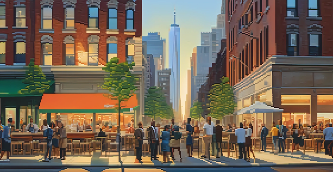 A vibrant New York City street scene with diverse entrepreneurs discussing startup ideas against a backdrop of skyscrapers and cafes.