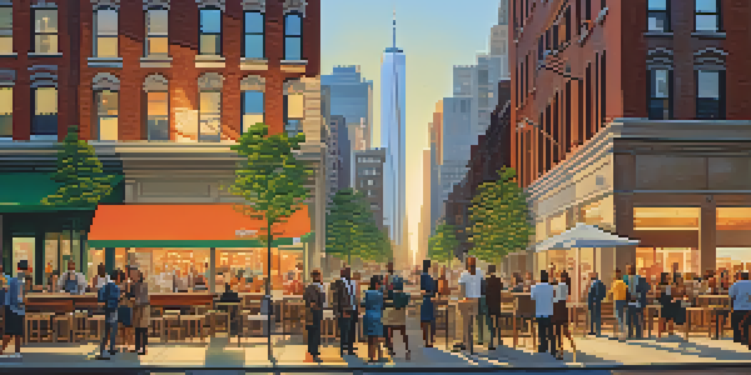 A vibrant New York City street scene with diverse entrepreneurs discussing startup ideas against a backdrop of skyscrapers and cafes.