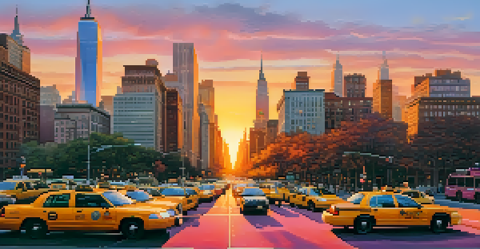 A cityscape of Manhattan during sunset with skyscrapers and busy streets filled with taxis and pedestrians.