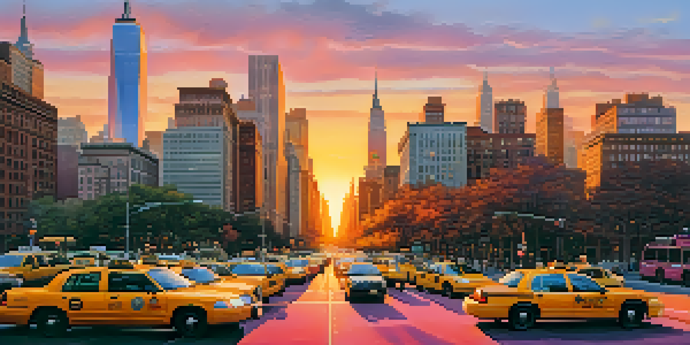 A cityscape of Manhattan during sunset with skyscrapers and busy streets filled with taxis and pedestrians.