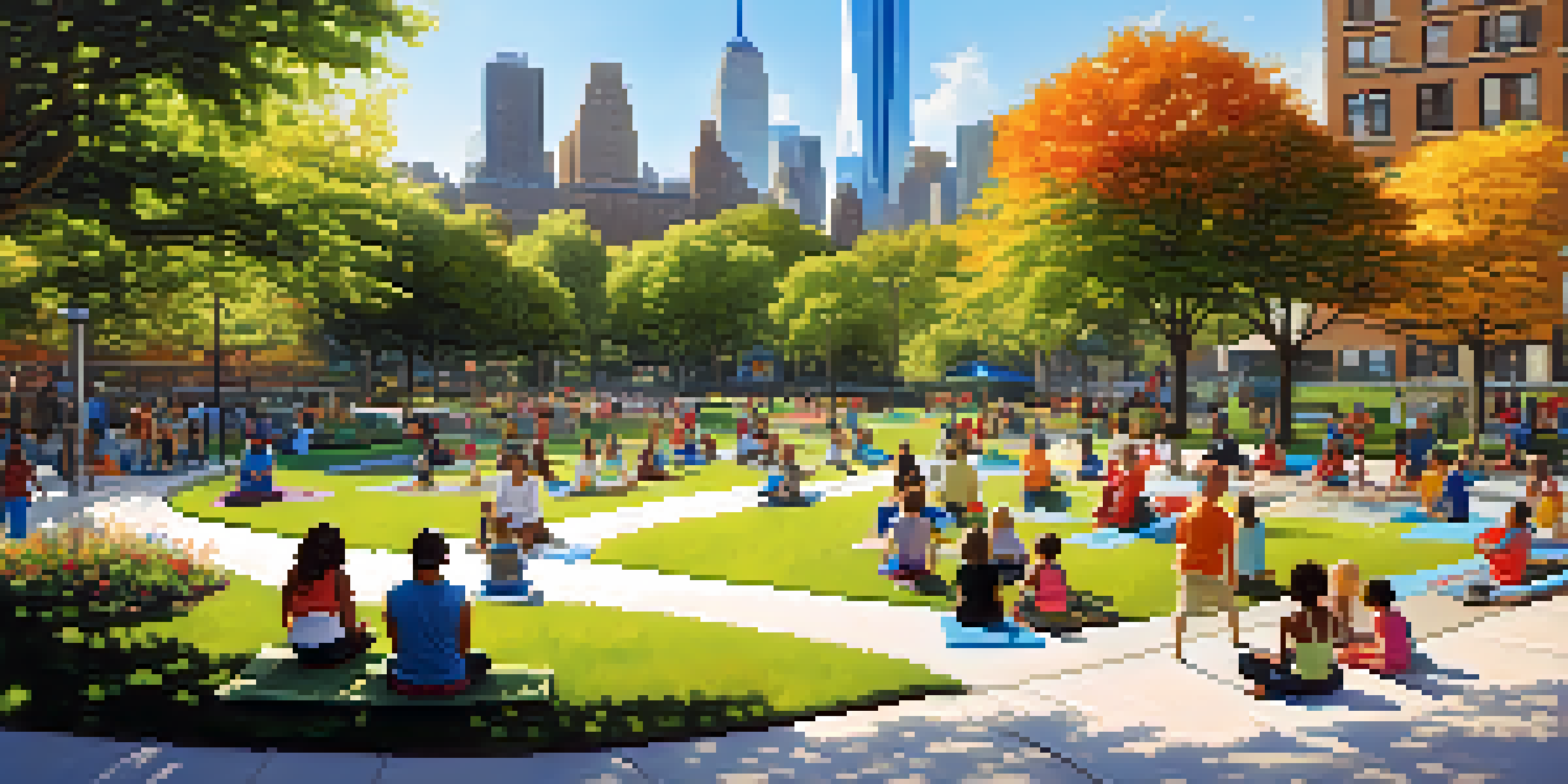 A lively park in New York City with people of different backgrounds enjoying various activities, including children playing and adults in a yoga class, with city skyline in the background.
