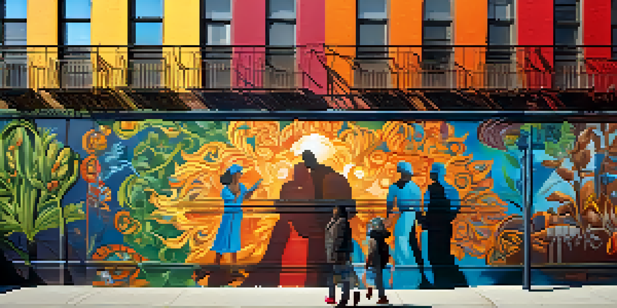 A colorful street mural depicting themes of hope and identity in New York City's Lower East Side, with sunlight highlighting the details.