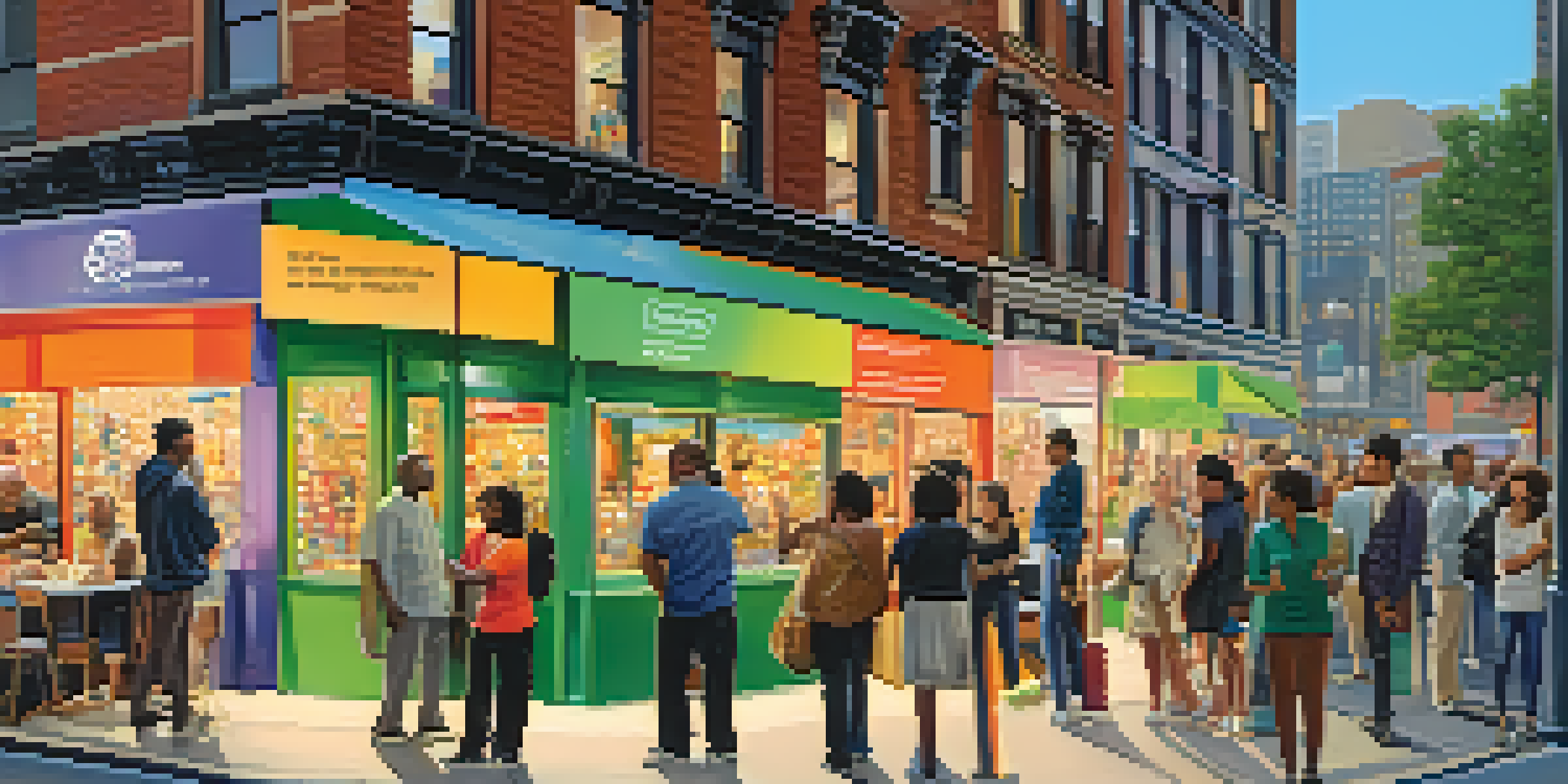 A busy New York City street with people using an open data kiosk, surrounded by colorful shops and a bright sky.