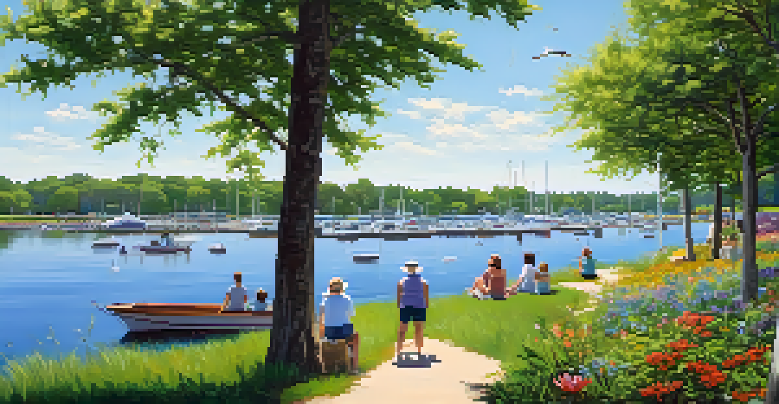 A calm day in Great Kills Park with greenery, a marina, and a family birdwatching along a flower-lined trail.