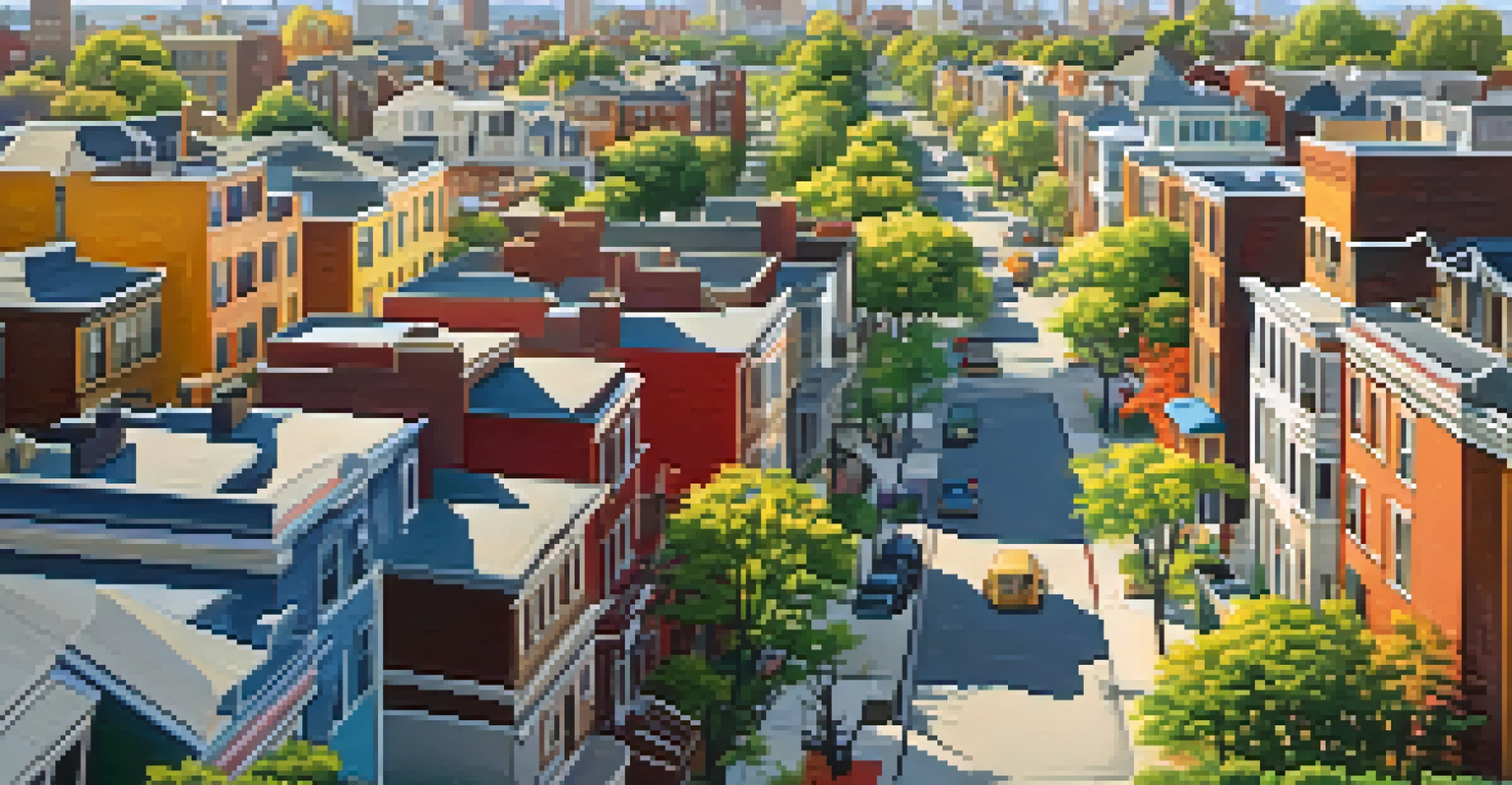 Aerial view of a neighborhood showing traditional homes and newly built upscale apartments, with vibrant parks and bustling cafes.