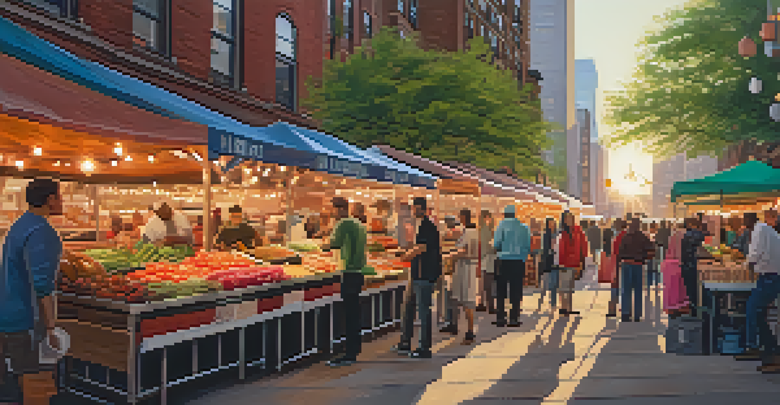 A lively outdoor food market in New York City with colorful stalls and people enjoying meals at communal tables under string lights.