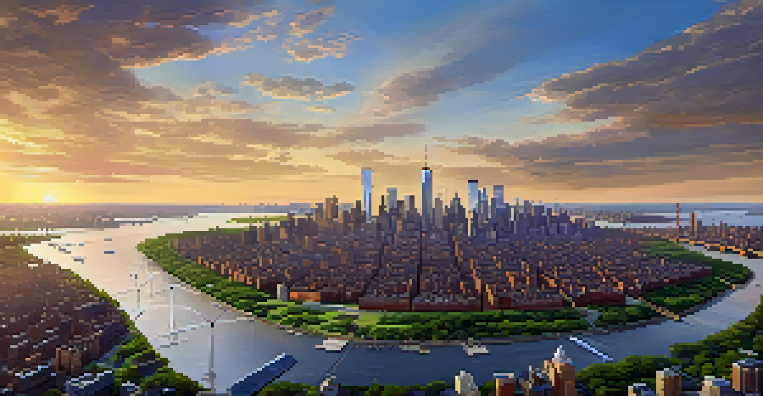 An aerial view of New York City displaying its skyline with wind turbines and parks during a sunset, representing urban sustainability.