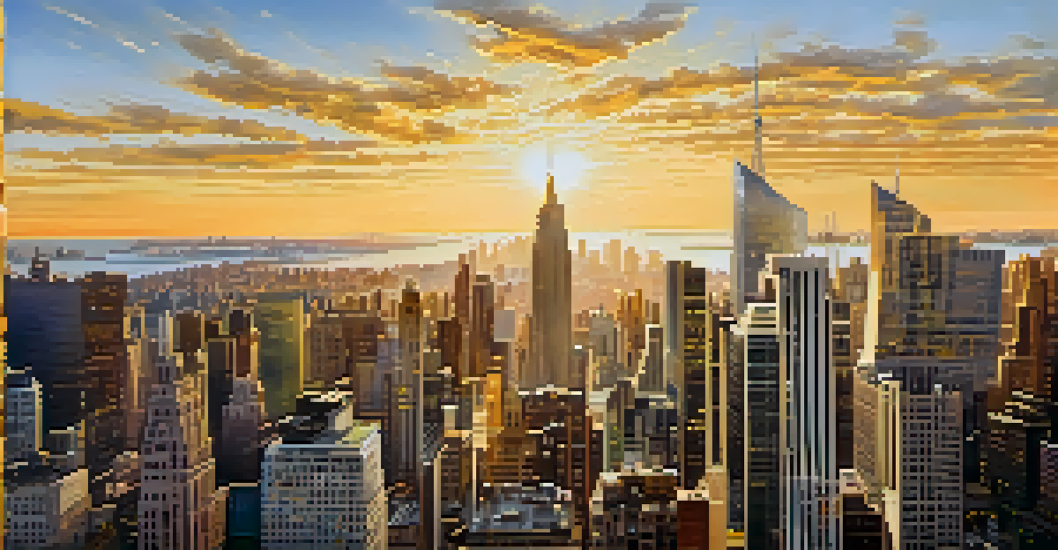 An aerial view of New York City's skyline during sunset, highlighting a tech startup office building among the skyscrapers with bustling streets below.