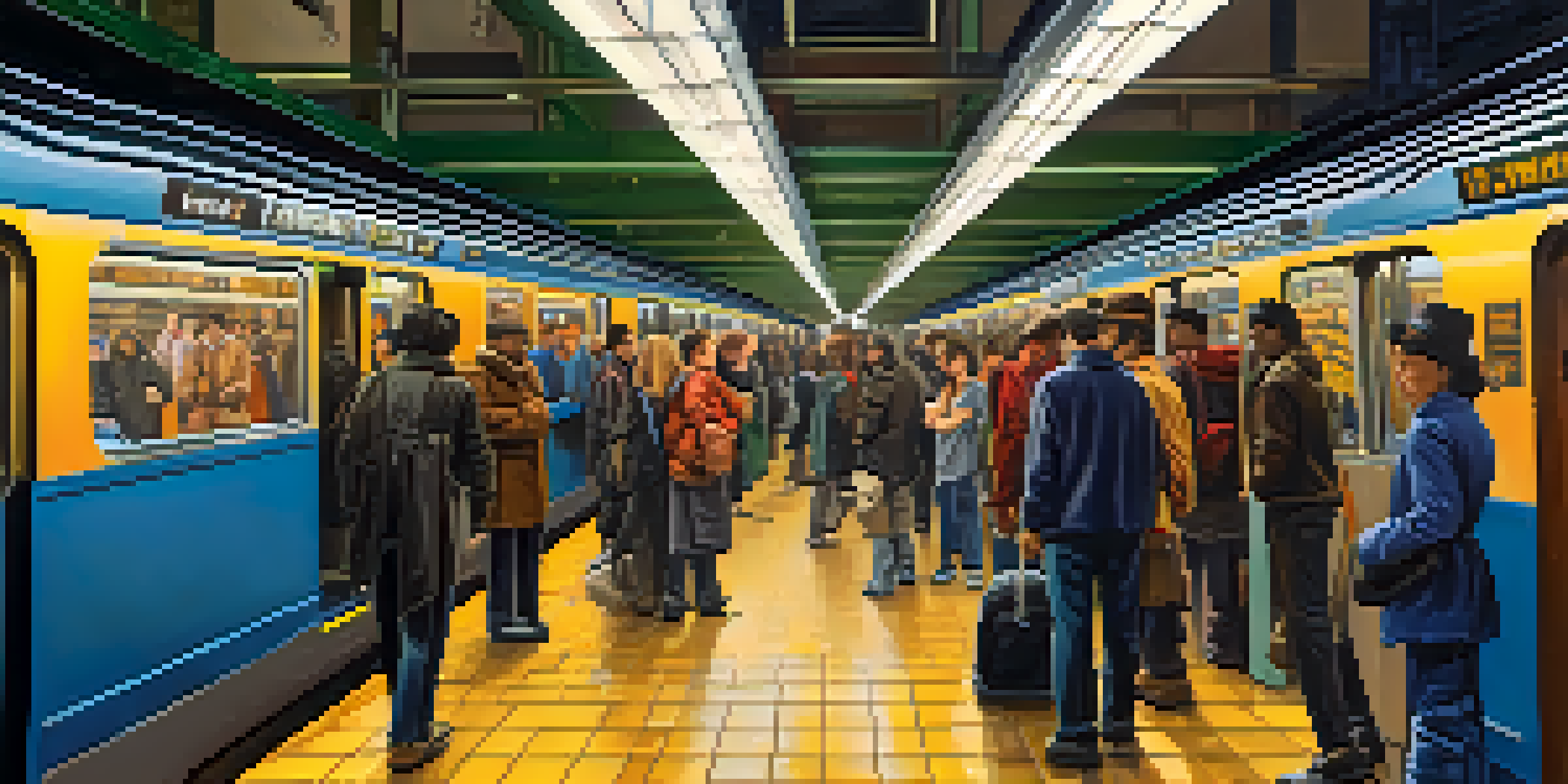 A busy subway station in New York City filled with diverse commuters waiting for trains, showcasing vibrant advertisements and warm overhead lights.