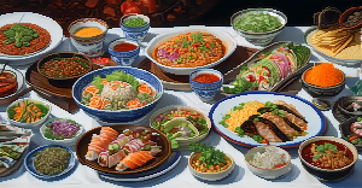A close-up view of a table filled with fusion dishes from different cultures, showcasing vibrant colors and intricate tableware.