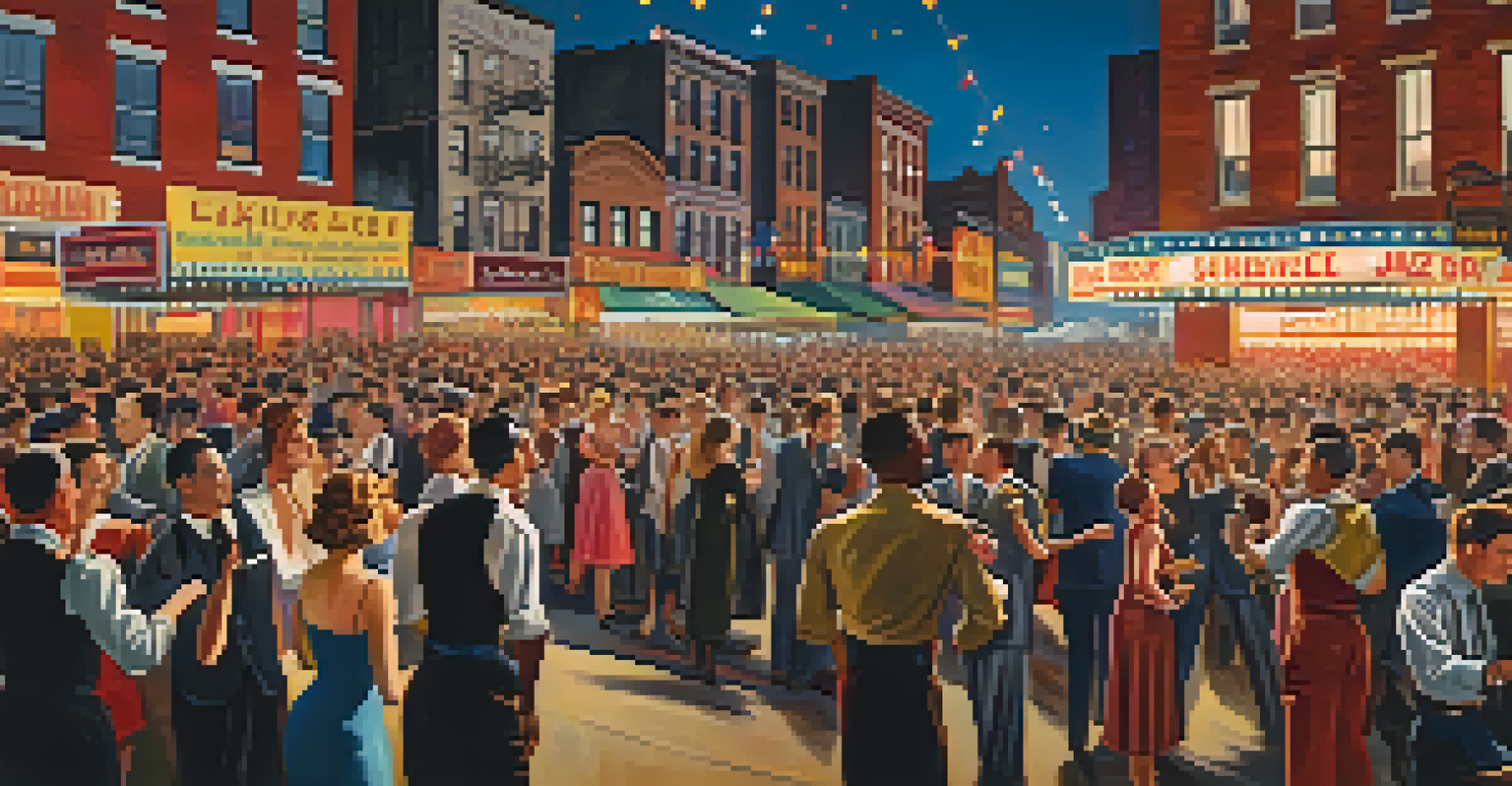 A lively outdoor jazz festival in 1940s New York City, featuring a band on stage with a singer and an enthusiastic crowd.