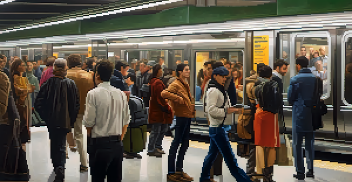 A busy subway station in New York City with diverse commuters and modern design.