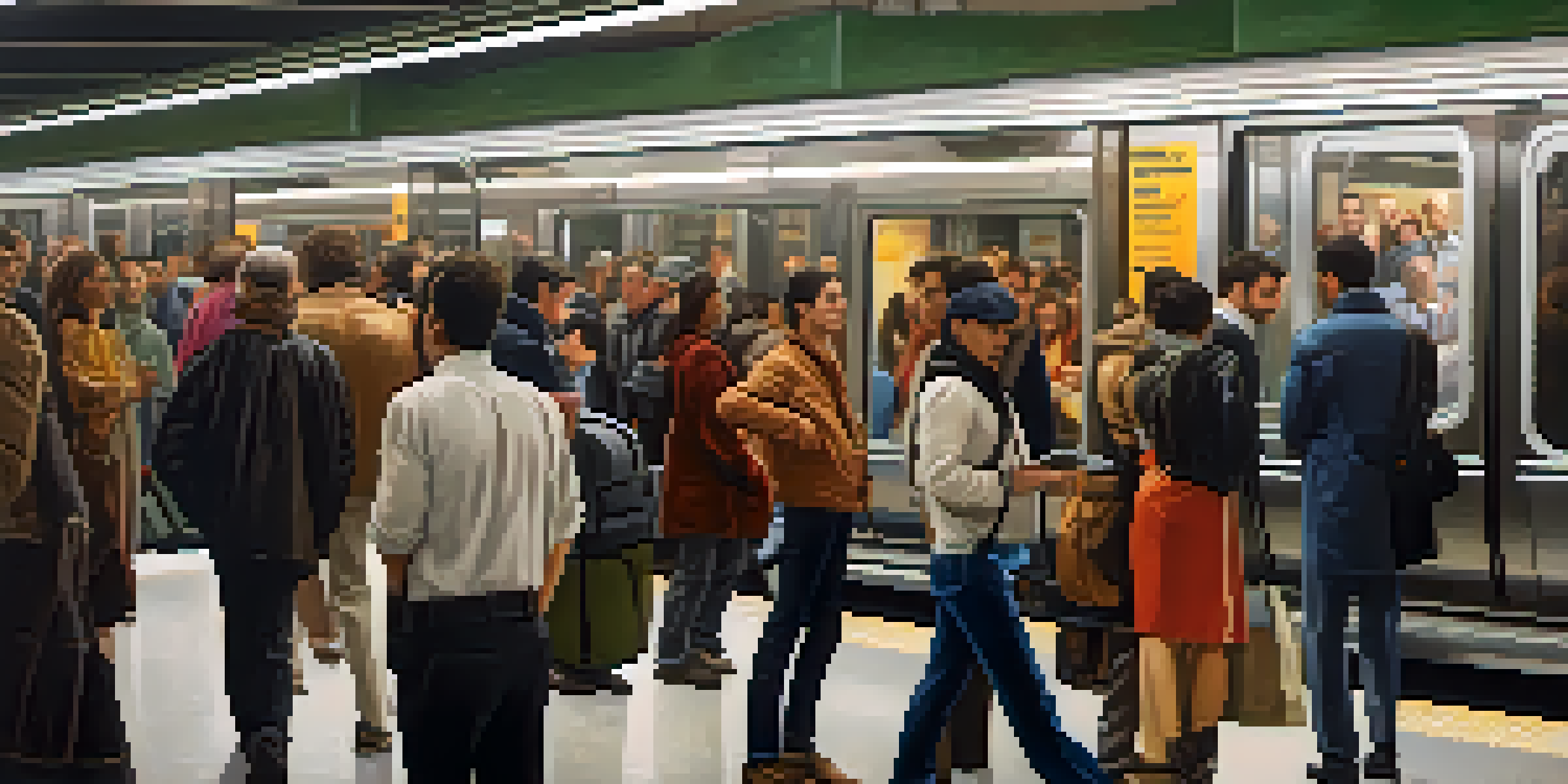 A busy subway station in New York City with diverse commuters and modern design.
