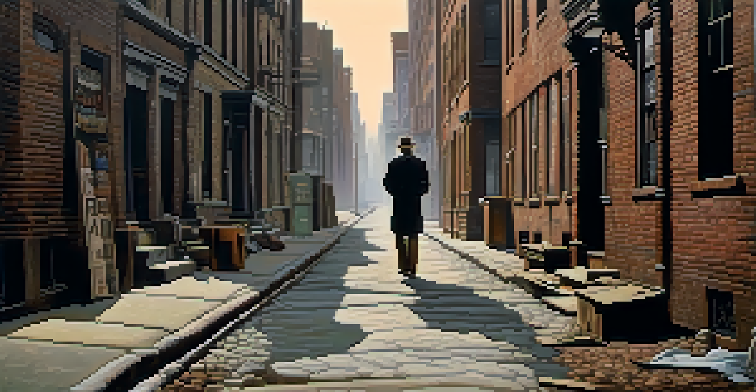 A 1930s New York City alley scene with a weary man in tattered clothing sitting on a stoop, illuminated by a flickering streetlight amidst litter and shadows.
