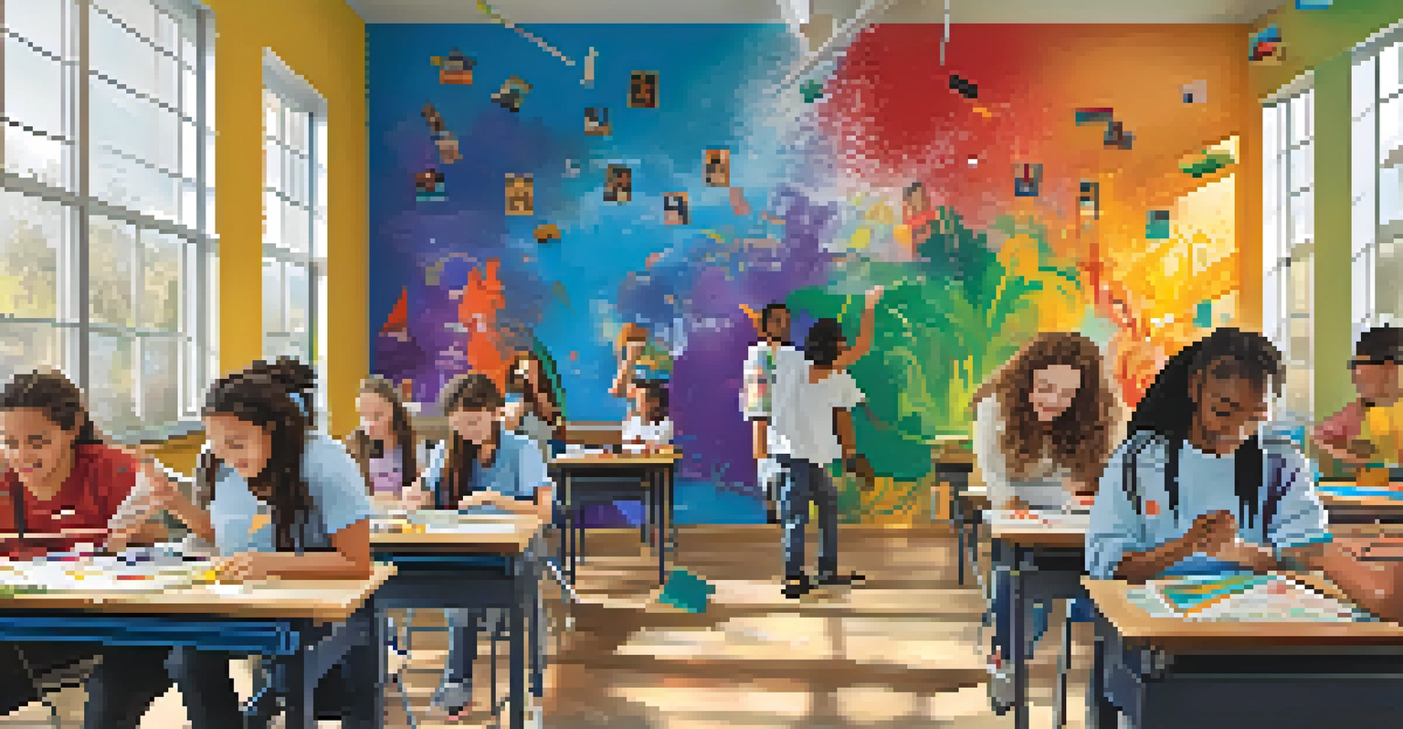 Students collaborating in an art classroom to create a colorful mural representing their community's history.