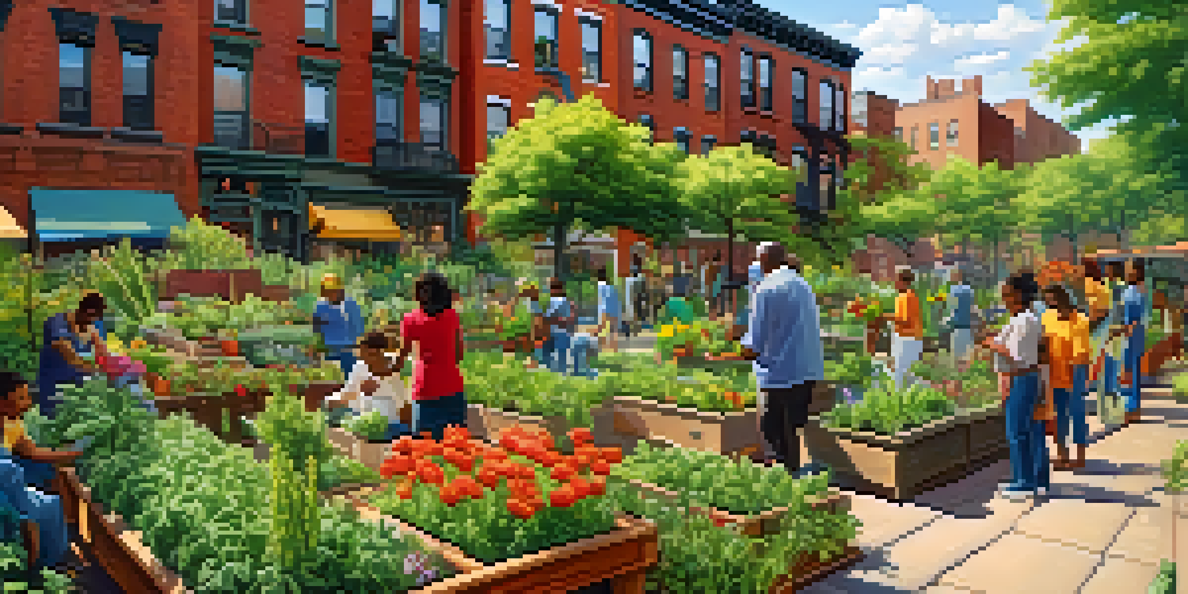 A community garden in Harlem with diverse individuals gardening among colorful plants and flowers, set against brownstone buildings and a clear sky.
