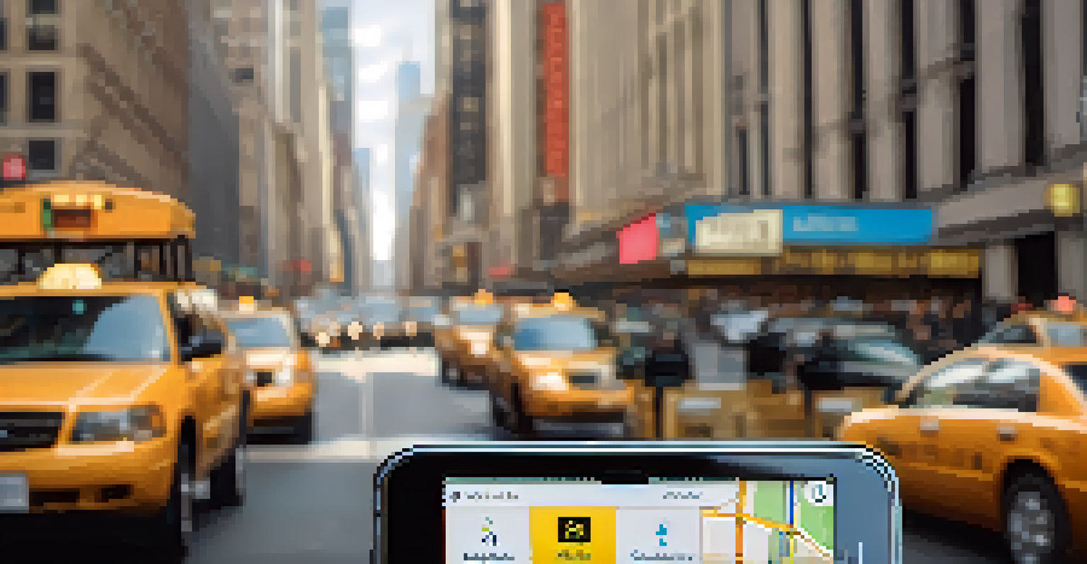 A smartphone showing a ride-sharing app with an accessible vehicle option, set against a New York City backdrop.