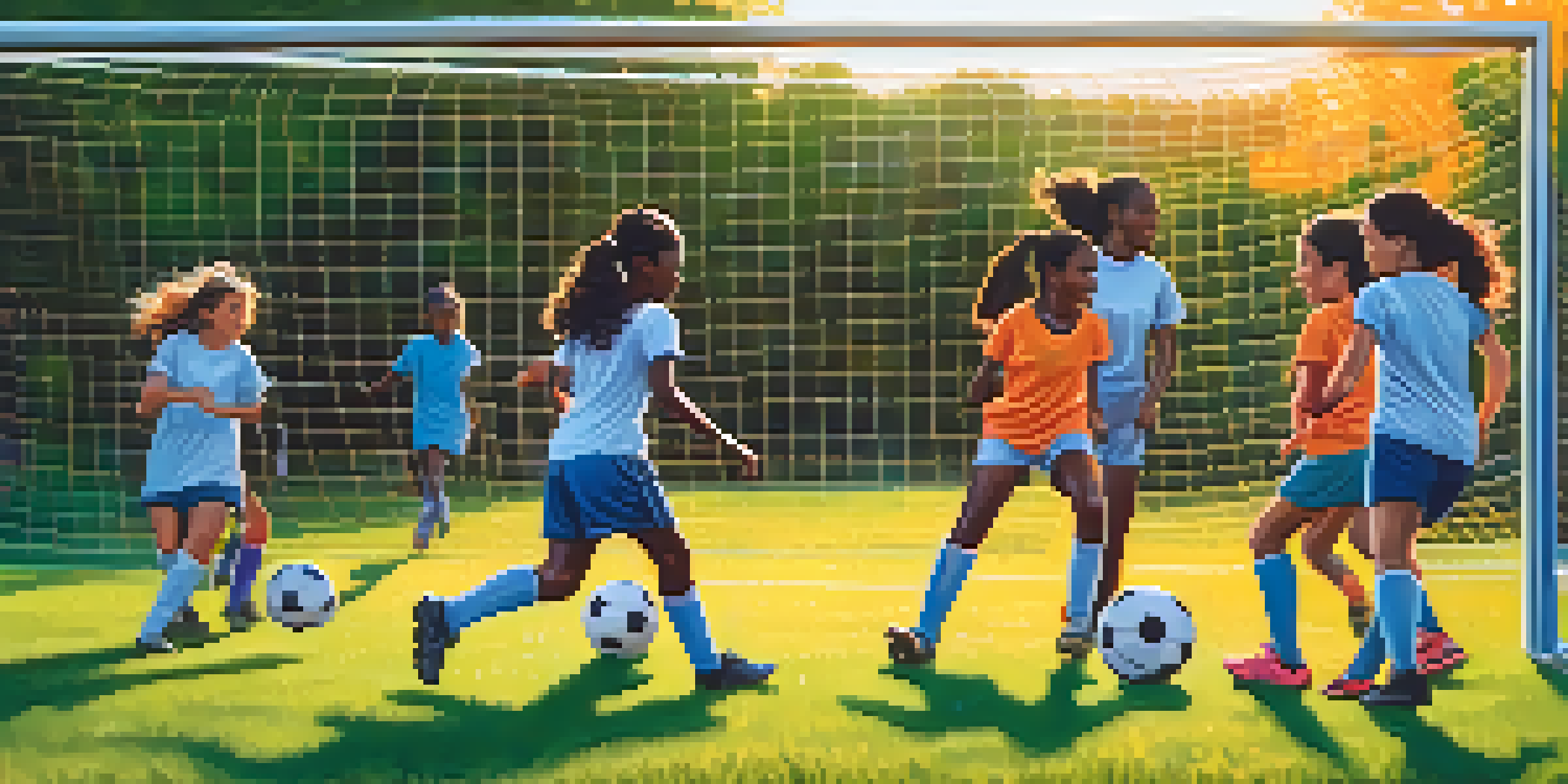 A diverse group of young girls practicing soccer on a green field during sunset, showing determination and teamwork.
