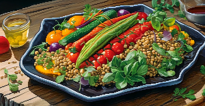 A beautifully arranged vegan dish with fresh vegetables and grains on a wooden table, illuminated by soft natural light.